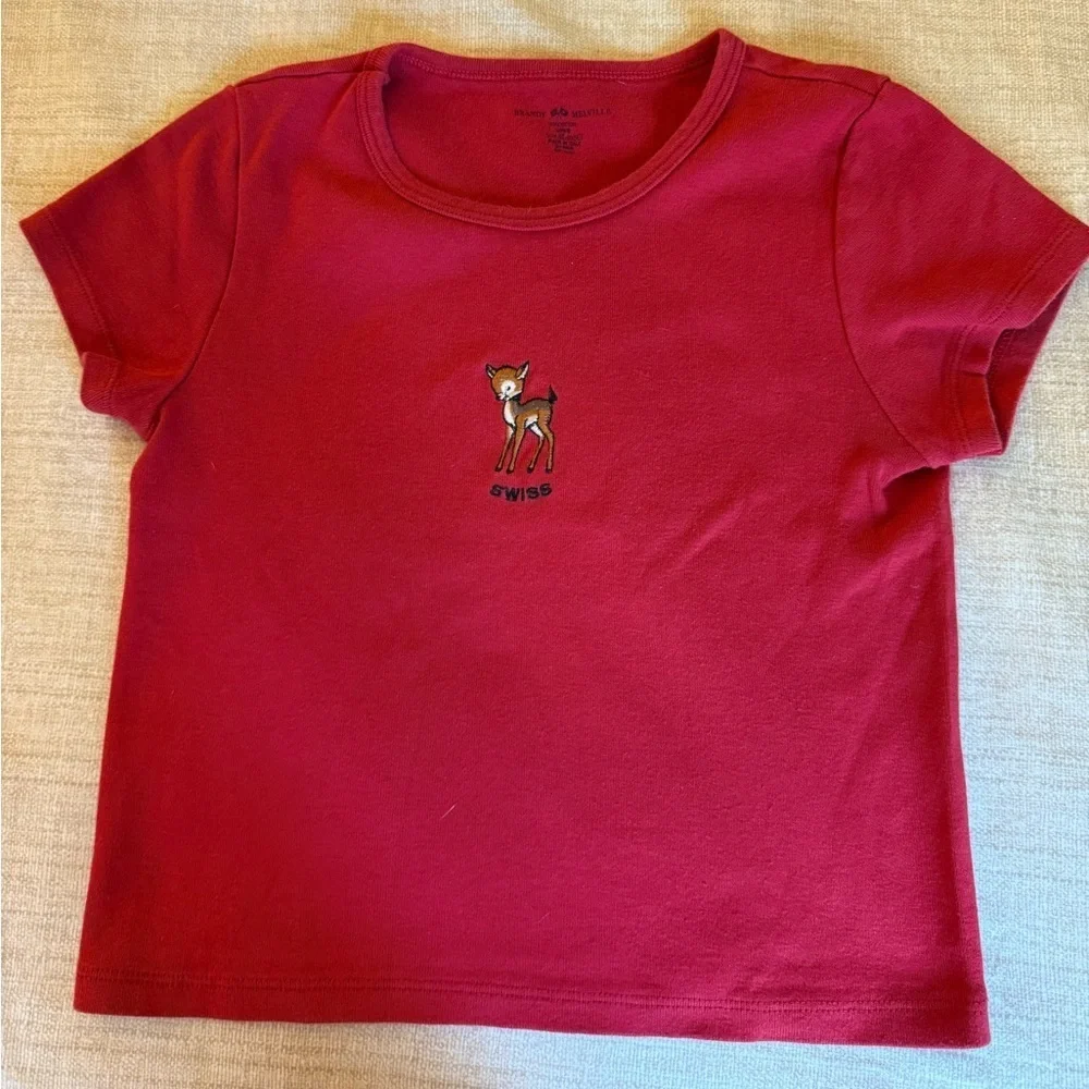 Brandy Melville Girls Short Sleeve Red T Shirt with Swiss Deer Embroidery.